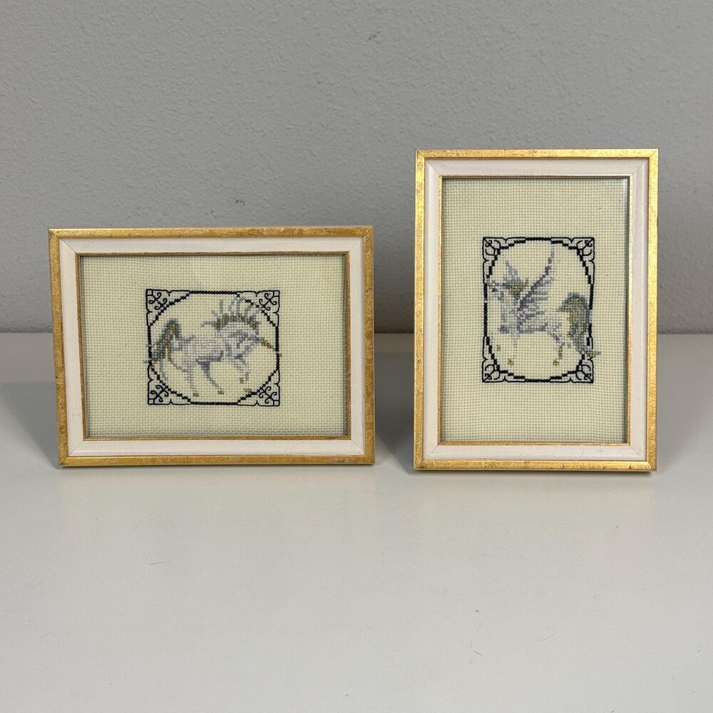 Handmade Cross-Stitch Unicorn & Pegasus 6x8 Wooden Framed Set